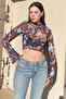 Blue Eyes Patterned Spanish Sleeve Tulle Transparent Women's Crop Blouse