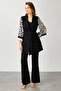 Modailgi Sleeves Zigzag Patterned Athlete Long Jacket Black - 4