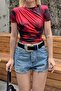 Red Julia Tie-Dye Pattern Shoulder and Waist Draped Women's Crop Blouse - 4