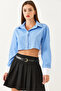 Women's Blue Asymmetrical Striped Cuff Detailed Crop Shirt 4451 60251915 - 7