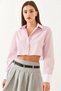 Women's Pink Asymmetrical Striped Cuff Detailed Crop Shirt 4451 60251915 - 6