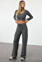 Antrasit Yumoş Crop ve Wide Leg/Geniş Paça Örme Alt Üst Takım TWOAW23AU00125