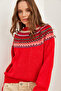 Women's Red Collar Patterned Soft Textured Knitwear Sweater Kzk- 19000846 - 3