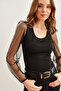 Women's Black Square Collar Tulle Knitted Blouse Blz- 19002763