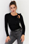 Women's Black Neck Tie Ribbed Knit Blouse Ey2930