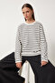 Women's Ecru Black Striped Transitional Knit Sweater KB00041