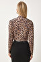 Women's Camel Black Leopard Patterned Wrap Collar Padded Snap Fastener Sandy Blouse Zh00040 - 5