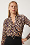 Women's Camel Black Leopard Patterned Wrap Collar Padded Snap Fastener Sandy Blouse Zh00040