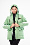 Women's Woven Fabric Hooded Puffer Jacket with Front Cover, Snap Fasteners and Zipper