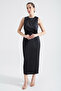 Women's Black Crew Neck Midi Satin Dress - 2