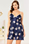 Large Size Navy Blue Floral Patterned Satin Women's Nightgown - 2