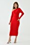 Women's Red Stretch Fabric Buttoned Shoulder Design Long Sleeve Midi Dress 4423 - 8