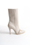 Women's Special Design Pointed Toe Buckle Detailed Zippered Thin High Heeled Beige Boots