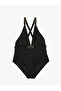 Swimsuit with Cross Straps on the Back and Metal Accessory Detail, Deep V-Neck - 6