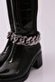Black Patent Leather Boots - Ankle Chain Detail, Back Stretch Heels 8172668 - 4