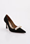 Women's Pointed Toe Crystal Stone Buckle Heeled Shoes Black Satin 101653236 - 2