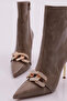 Women's Pointed Toe Front Silver Stone Chain Buckle Long Thin Heeled Boots Mink Wrinkled 2362392859 - 4