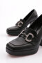 Women's Blunt Toe Buckle Platform Heeled Shoes Black Skin 110623327 - 4