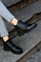 (Velma) Black Genuine Leather Lace-Zippered Ankle Boots - 2