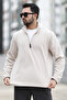 Men's Winter Fleece Sweatshirt Beige Half Zipper Stand Collar Throat - 6053 - 3
