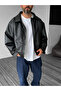 Black Button Detailed Bomber Leather Jacket Df-001 - 2