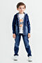 Boy's Text Printed T-Shirt with Hooded Jacket Navy Blue Jean Set 17721