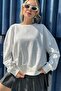 Crystal Stoned Loose Cut Oversize Large Size Three Thread Cotton Comfortable Stylish Casual Ecru Women's Sweatshirt