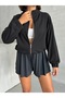 Women's Black Zippered Sleeve Elastic Waist 3 Thread Sweat - 2