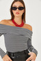 Women's Black Madonna Collar Striped Twill Long Sleeve Blouse 60251889