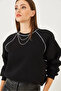 Women's Black Piping Detailed Three-Thread Ribbed Sweatshirt 60251895 - 3