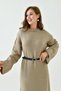 Mink Knitwear Midi Dress - Crew Neck, Off-Shoulder, Long Sleeve and Belt 4097 - 5