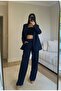 Women's Navy Blue Blazer Jacket Pants Set - 3