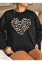 Leopard Pattern Heart Printed Crew Neck Oversize Sweatshirt