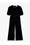 Velvet Jumpsuit with Balloon Sleeves, Flared Leg, and Belted Waist