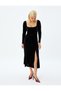 Square Neck Long Sleeve Front Slit Detail Midi Length Velvet Dress