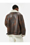 Faux Leather Biker Jacket Distressed Look with Fur Collar and Pockets - 4
