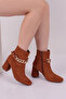 Tan Suede Women's Heeled Boots - Chain Accessory 215162821 - 5