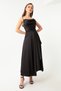 Women's Black Flounce Slit Satin Midi Length Evening Dress & Graduation Dress - 3