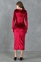 Stretchy Velvet Fabric Gather Detailed Wide Collar Long Sleeve Midi Length Burgundy Velvet Dress 3660 - 3