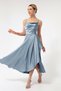 Women's Baby Blue Flounce Slit Satin Midi Length Evening Dress & Graduation Dress - 2