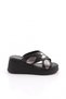 Women's Patterned Cross Banded Thick Sole Slippers Black Platinum Genuine Leather 471035433993