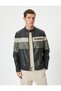 Faux Leather Jacket Color Block Stand Collar Zipper Pocket Slim Fit - 3