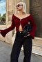 Burgundy Spanish Sleeve Degaje Collar Zipped Knitted Women's Knitwear Crop Sweater
