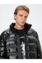 Puffer Jacket Leather Look Zippered Stand Collar