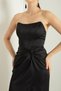 Women's Black Double Breasted Lined Satin Long Evening Dress with Woven Corset Detail - 4