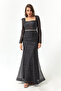Women's Black Square Neck Stone Belted Long Evening Dress