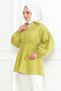 Women's Oil Green Satin Elastic Waist Shoulders Buttoned Flounced Skirt Detailed V-Neck Hijab Shirt - 2