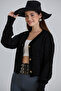 Women's Balloon Sleeve Knitted Patterned Crop Knitwear Black Cardigan - 6