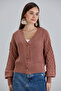 Women's Balloon Sleeve Knitted Patterned Crop Knitwear Cinnamon Cardigan - 5