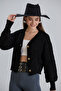 Women's Balloon Sleeve Knitted Patterned Crop Knitwear Black Cardigan
